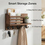 Wall Key and Mail Holder, Mail Organizer with 5 Metal Key Hooks, Selected Tung Wood, 11.8 x 6.7 inches, Includes mounting Hardware (Brown) - color: Brown