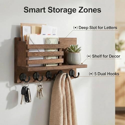 Wall Key and Mail Holder, Mail Organizer with 5 Metal Key Hooks, Selected Tung Wood, 11.8 x 6.7 inches, Includes mounting Hardware (Brown) - color: Brown