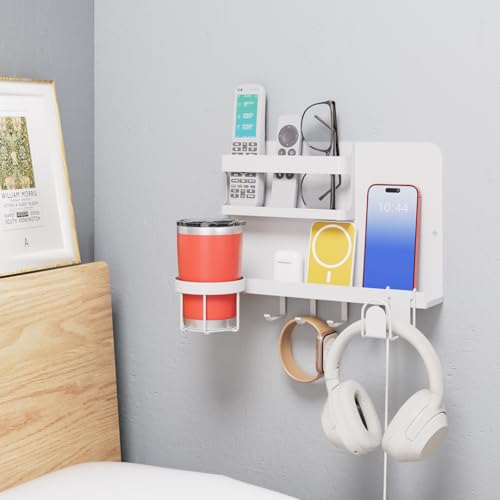 Versatile Bedside Wall Organizer, Floating Bedside Shelves, Wall Mount Essential Accessories for Room Decor, Dorm, Makeup Organizer, Remote Control Holder，Night Stand - color: White