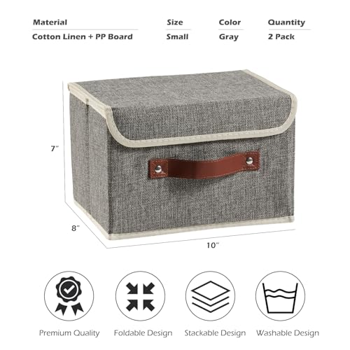 2PCS Storage Boxes with Lid Cotton Linen Fabric Storage Bins Organizer Container Decorative Collapsible Washable Shelf Closet Baskets Faux Leather Handles Home Bedroom (Gray, Small Size) - color: Gray, size: Small (Set of 2)