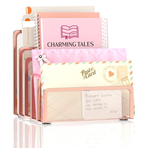 Mail Organizer Countertop with 5 Slot, Metal Mail Holder for Desk, File Holder Letter Sorter for Envelope, Bill and Document (Rose Gold) - color: Rose Gold
