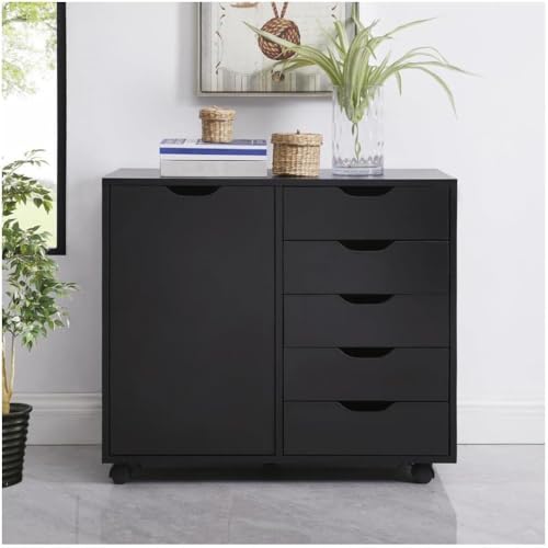 5-Drawer Wood Drawer Cabinet, Office Storage Cabinet with Adjustable Shelf & Wheels, Printer Stand for Home Office, Black, 15.7" D x 30.7" W x 25.4" H - color: Black