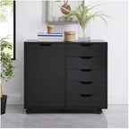 5-Drawer Wood Drawer Cabinet, Office Storage Cabinet with Adjustable Shelf & Wheels, Printer Stand for Home Office, Black, 15.7" D x 30.7" W x 25.4" H - color: Black