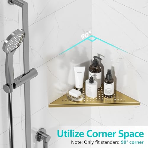 Qeke Bathroom Corner Shelf, Recessed 10" Shower Shelf Caddy, SUS304 Stainless Steel Shelf Wall Mount Triangular, No Drilling, Brushed Golden - color: Brushed Golden, size: 10"- 1 Pack