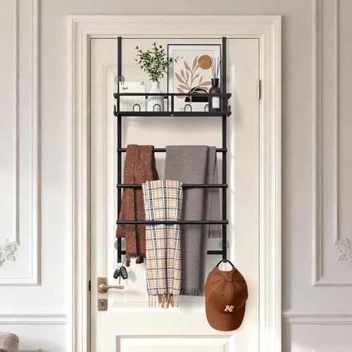 Aetyord Towel Racks for Bathroom Over the Door Towel Rack Towel Storage with Metal Shelf Basket and Hooks Black - color: Black