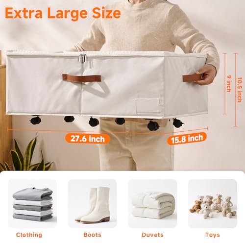 60L Large Under Bed Storage with Wheels Pack of 2, Underbed Shoe Container Bin with Clear Lid Cover, 10.5 Inches Rolling Under Bed Drawer Storage Bag Basket for Boots Quilt Sweater - White - color: White, size: 10.5 Inches Tall