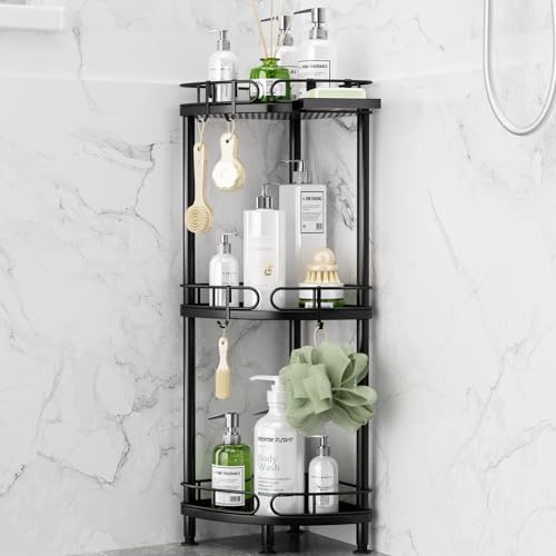 SWTYMIKI Corner Shower Caddy Standing - 3 Tier Rustproof Metal Shower Organizer Stand with Soap Holder and 4 Hooks, Freestanding Floor Shower Storage Stands for Bathroom, Black - color: Black-3 tier