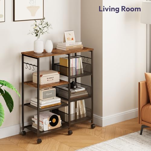 SWTYMIKI Kitchen Island Cart on Wheels - 4 Tier Rolling Kitchen Table Cart with Storage Shelves, 6 Removable Hooks& Locking Casters, Coffee Bar Cabinet for Dining Room Pantry Office, Espresso - size: 28x11.81in, style: Espresso
