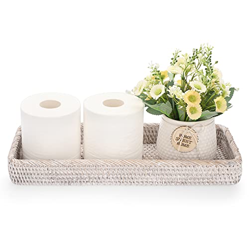 Sumnacon 16 Inch Rattan Bathroom Vanity Tray - Decorative Wicker Toilet Tank Tray for Paper Hand Towel,Vintage Storage Basket Bin for Bathroom Kitchen Toilet Tank Vanity Countertop Table Shelf,White - color: White, size: 16" x 6.5" x 1.8"