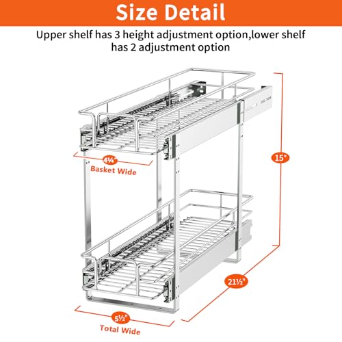 ROOMTEC Individual Pull Out Cabinet Organizer (5½"W x 21½"D), 2 Tier Spice Rack Organizer for Cabinet, Slide Out Drawer Pantry Shelf Organization and Storage for Kitchen Bathroom - color: 2 Tier, size: 5½"W x 21½"D