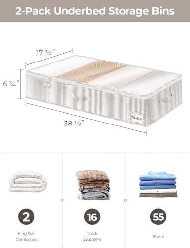 StorageWorks Extra Large Under Bed Storage Containers with Handles and Label Holder, 2 Pack Ultra-thick Fabric Underbed Bins, Closet Organizer for Clothes, Blankets, Sweater - color: Gray and White Stripes, size: Extra Large-without Wheels