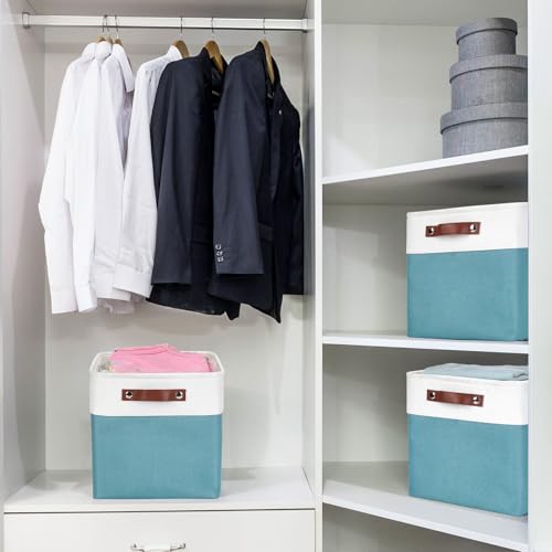 Bagnizer Collapsible Fabric Storage Cubes 11x11 Cube Storage Bins, 4 Pack Closet Baskets Box with Handles for Organizing, Shelf, Toys, Clothes, Home, Office, Nursery (Teal&White) - color: Teal / Off-White, size: Cube - 11"x11"x11"