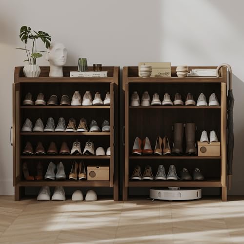 Mericonia Shoe Cabinet Storage for Entryway, Natural Rattan Storage Cabinet, Wooden Shoe Rack, Farmhouse Boho Wood Shoe Organizer Cabinet for Hallway Walnut - color: Walnut, size: 5-tier