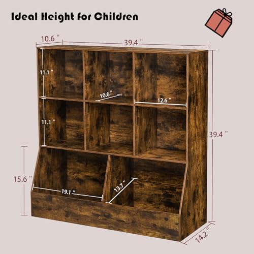 DINZI LVJ Toy Storage Organizer, Kids Bookshelf, Wood Toy Storage Cabinet, 3-Tier 8 Cubby Children Bookcase, 39.4" L Toddler Book Shelf for Playroom, Living Room, Nursery, School, Rustic Brown - color: Rustic Brown, size: 3-Tier 39.4"