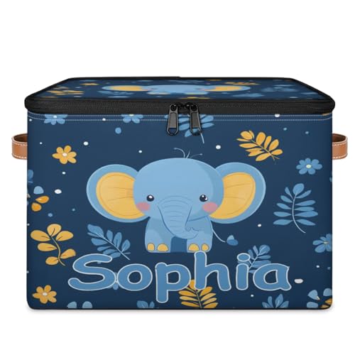 Custom Storage Basket with Name, Personalized Storage Bins with Zipper Lid, Foldable Fabric Storage Box Large capacity with Handle Elephant Flower Leaves - color: Option 19