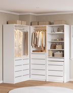 Closet System, Closet Organizer System with Rechargeable Motion Sensor Light Indoor, Walk in Closet Systems with 5 Drawers and Metal Hanging Rods, White