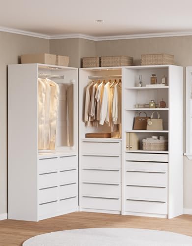 Closet System, Closet Organizer System with Rechargeable Motion Sensor Light Indoor, Walk in Closet Systems with 5 Drawers and Metal Hanging Rods, White