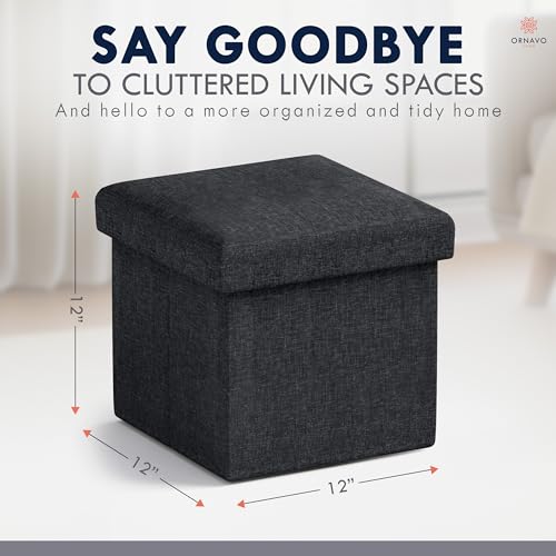 Ornavo Home Small Storage Ottoman Foldable Collapsible Cube Square Linen Ottoman Foot Rest Stool Seat, for Living Room, Bedroom, Home Office, Dorm - 12 x 12 x 12, Black - color: Black