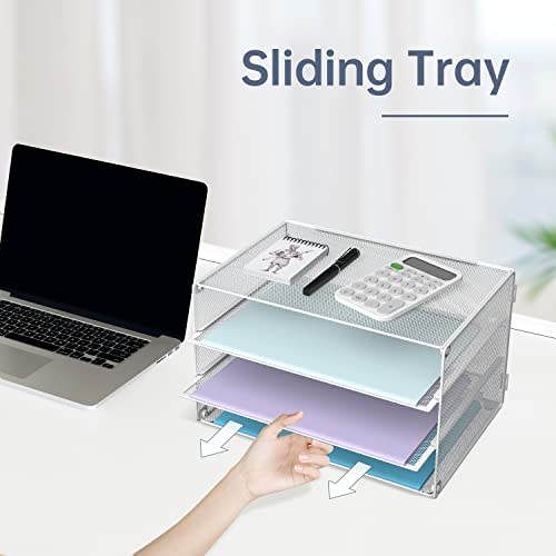 DALTACK 3 Tier Letter Tray Paper Organizer for Desk, Mesh Metal Desk File Organizer with Sliding Trays for Letter/A4 Paper, Mail, Bills & Folders, White - color: White