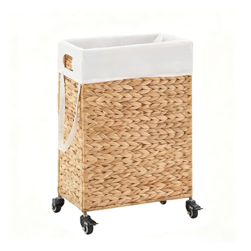 Rolling Laundry Hamper with Wheels, Slim Laundry Basket with Removable Liner Bag & 2 Mesh Bags, Handwoven Water Hyacinth Clothes Hamper for Bedroom Bathroom (Natural, 50L) - color: Natural/No Lid/50L
