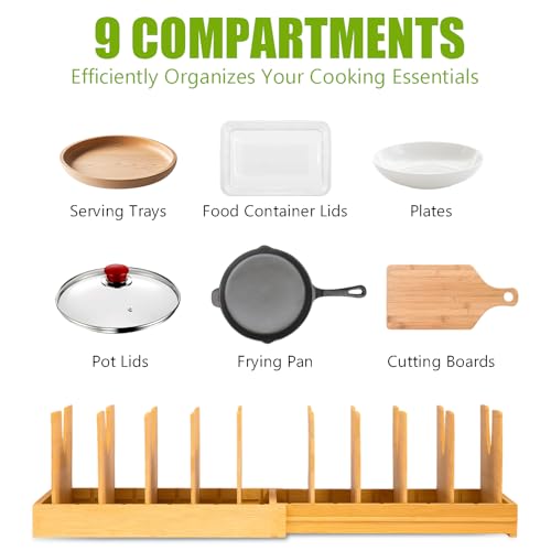 Pots and Pans Organizer for under Cabinet - Expandable Bamboo Pot Lid Organizer, Bakeware and Cutting Board Organizers, Drawer Pot Lid Holder Rack for Kitchen Organizers and Storage