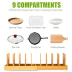 Pots and Pans Organizer for under Cabinet - Expandable Bamboo Pot Lid Organizer, Bakeware and Cutting Board Organizers, Drawer Pot Lid Holder Rack for Kitchen Organizers and Storage