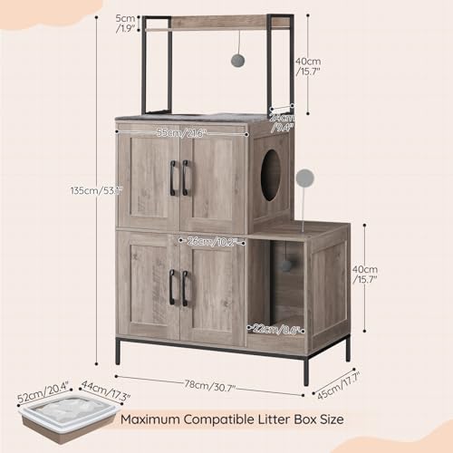 HOOBRO Cat Litter Box Enclosure Furniture, 2 in 1 Hidden Litter Box Furniture with Shelf, Double Litter Box Cabinet with 2 Dangling Plush Balls and 1 Toy Ball, Greige and Black BG78MW01 - color: Greige