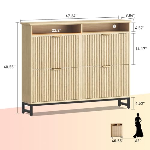 Fluted Shoe Storage Cabinet with 4 Flip Drawers, 47.24" Narrow Shoe Organizer Cabinet with LED Light, Slim Freestanding Shoe Rack Cabinet, Wooden Hidden Shoe Cabinet for Entryway, Hallway(Natural Oak)