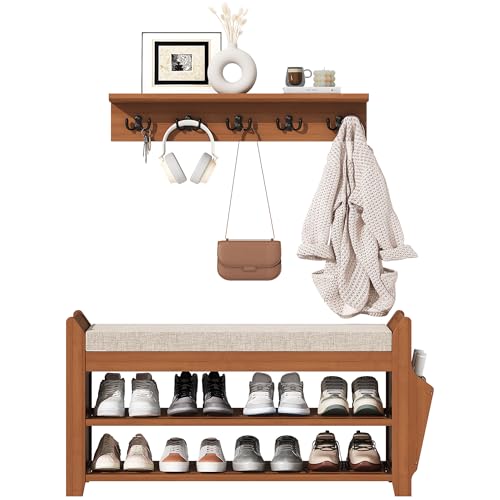 PETKABOO 31.5" Shoe Bench with Coat Rack Hidden Drawer and Side Holder, 2 Tier Entryway Bench with Storage 39.4 in, Bamboo Shoe Rack with Cushion for Entryway Hallway Living Room Bedroom - size: 31.5 in with Hook