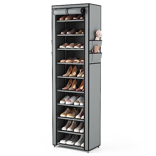VTRIN Vertical Narrow Shoe Rack Organizer Tall Shoe Rack for Closet Entryway 10 Tier Non-Woven Cover Shoe Shelf Holds 20-22 Pairs Free Standing Shoe Storage Cabinet with Dustproof Cover, Grey - color: Grey, size: 17.7"W x11.8"D x 68.9"H