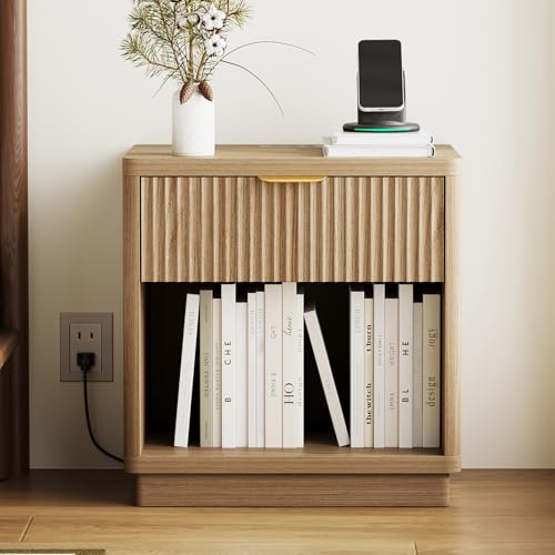 Fluted Nightstand with Charging Station, 22.8Inch Wide Bedside Table End Table with Drawer, Curved Corners, Modern Bedside Table for Bedroom, Living Room, Sofa, Oak - color: Rectangle - Oak