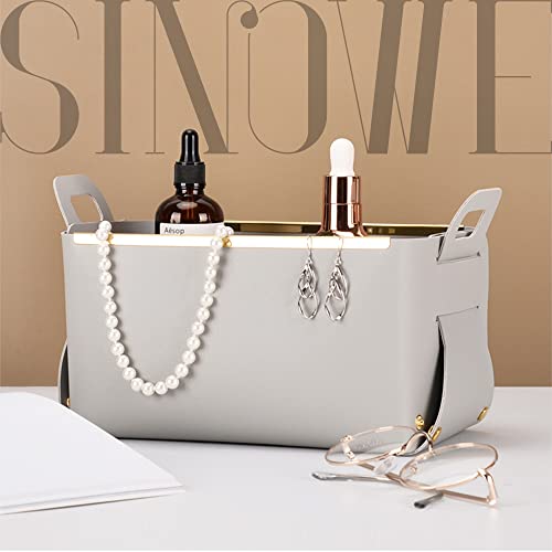 Decorative Faux Leather Basket,Small Catchall Basket for Entryway Bedside Dresser End table,Collapsible Rectangle Tray Organizer Box (Light Grey) - color: Light Grey