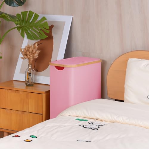 Slim Laundry Basket with Wheels,Narrow Hampers for Laundry,Freestanding Laundry Hamper with Lid&Bamboo Handles,Collapsible & Waterproof Tall Cloth Hamper for Dorm Family(60L Pink) - color: Pink, size: 60L with Wheels