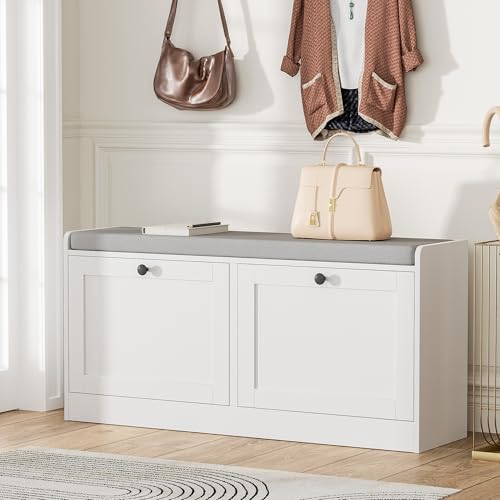 MHOM White Entryway Bench with 2 Flip Drawers, Shoe Bench with Padded Seat Cushion, Wooden Shoe Storage Bench for Entryway and Apartment - color: White