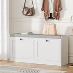 MHOM White Entryway Bench with 2 Flip Drawers, Shoe Bench with Padded Seat Cushion, Wooden Shoe Storage Bench for Entryway and Apartment - color: White