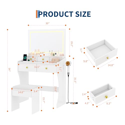 Garvee 31.5-Inch Wide Vanity with Chair, Womens Vanity with Stool, LED Mirror, Hairdryer Holder, Power Outlet, 3 Lighting Color Adjustable - color: White Vanity With Chair