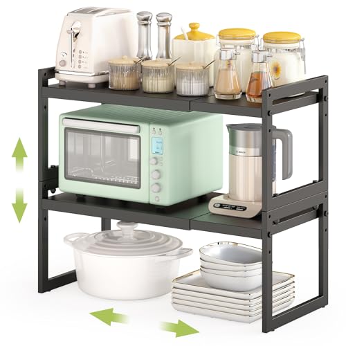 DOLALIKE Expandable kitchen Countertop Organizer, Stackable Cabinet Shelf Organizers, Space Saving Spice Rack Pantry Storage for Bathroom Office Organization (Black, 2 Pack) - color: Black, 2 Pack