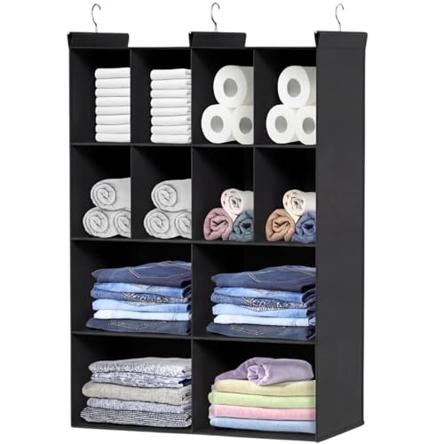 Ofiray-home 4 Tier Hanging Closet Organizer, 12 Compartments Sweater Organizer for Closet with 3 Sturdy Hooks, Closet Organizers and Storage, Wardrobe, Rv, Garment Rack, Black - color: Black, size: 4-Tier