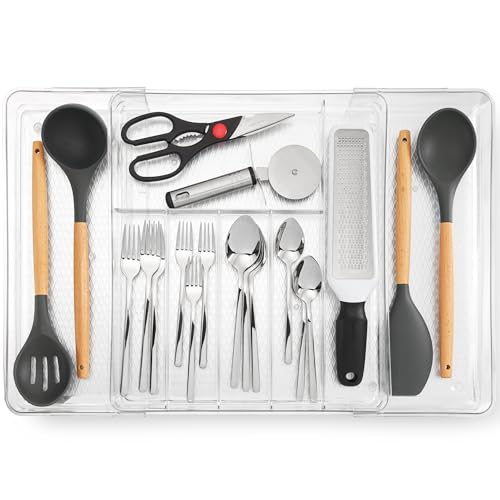 Masirs Expandable Utensil Drawer Organizer - BPA-Free Plastic Clear Silverware Tray with Multiple Compartments - Non-Slip Cutlery Storage for Kitchen, Bathroom, or Office Drawers (Clear) - color: Clear