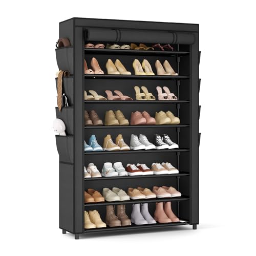 VILICK Shoe Rack with Cover, 8 Tier Tall Shoe Organizer Storage for 36-45 Pair Shoes and Boots Large Shoe Storage Shelf Free Standing Shoe Rack for Closet, Front Door Entrance, Dorm, Garage - color: Black, size: 33.8"W-8 Tier