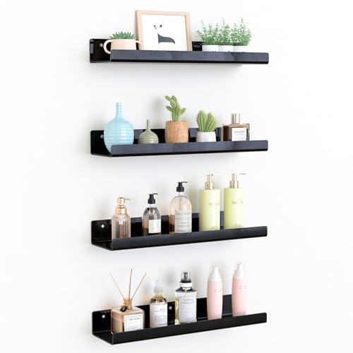 upsimples Acrylic Shelves for Wall Decor, 15" Display Shelf Perfume Organizer for Bathroom, Bedroom, Living Room, Floating Bookshelves for Kids, Black, 4 Pack - color: Black