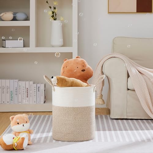 VIPOSCO Large Laundry Hamper, Tall Woven Rope Storage Basket for Blanket, Toys, Dirty Clothes in Living Room, Bathroom, Bedroom - 53L White & Brown - color: Brown, size: 53L