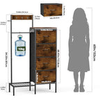Lewondr Dresser with Hanging Rack and Storage Drawers, 4 Drawer Chest with Hooks and Hat Rack, Rustic Entryway Organizer for Clothes, Bags, Shoes and Accessories, Brown Wood Finish
