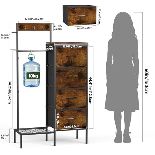 Lewondr Dresser with Hanging Rack and Storage Drawers, 4 Drawer Chest with Hooks and Hat Rack, Rustic Entryway Organizer for Clothes, Bags, Shoes and Accessories, Brown Wood Finish