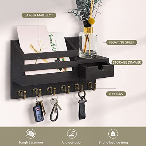 FifthQuarter Key and Mail Holder for Wall, Mail Organizer Wall Mount with 6 Hooks and Storage Drawer, Easy Installation Key Rack for Entryway and Home Decor (A-Black) - color: A-Black