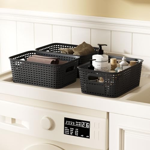6Pcs Storage Bins with Lids, Stackable Plastic Storage Basket with Bamboo Lid, Pantry Organizer Box Small Containers for Organizing Shelves Drawer Desktop Closet Cabinet Office Classroom 10x7.1x4.1in - color: Black