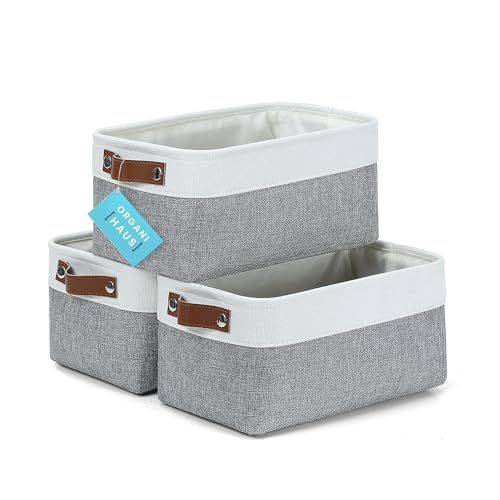OrganiHaus Small Fabric Storage Baskets 3 Pack, 12x8in Cloth Storage Bins for Shelves, Small Baskets for Organizing Pantry Closet, Canvas Shelf Baskets, Gray/Off-White - color: Gray / Off-White, size: Small - 3pc