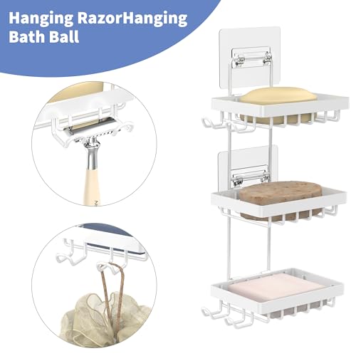 Moforoco 3-Tier White Soap Bar Holder for Shower, No Drilling, 304 Stainless Steel, Wall Mounted Soap Holder with 4 Hooks and Razor Holder, Shower Rack Soap Tray Bar Soap for Bathroom Accessories - color: White, size: 3-T
