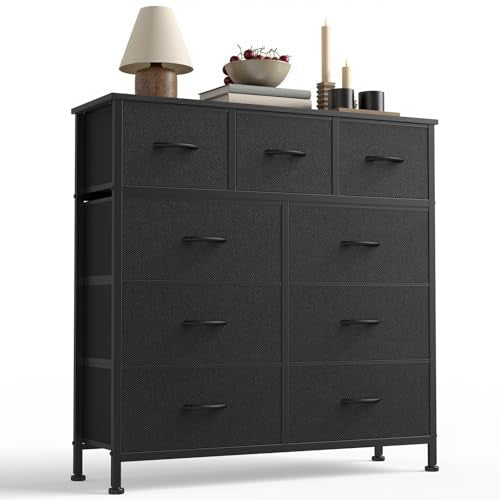 Sweetcrispy 9-Drawer Fabric Dresser Storage Tower with Wood Top and Steel Frame, Organizer Chest with Easy Pull Handles for Bedroom, Closet, Hallway,Classic Black - color: Black, size: 11.8"D x 39.6"W x 39.8"H (9 Drawers)