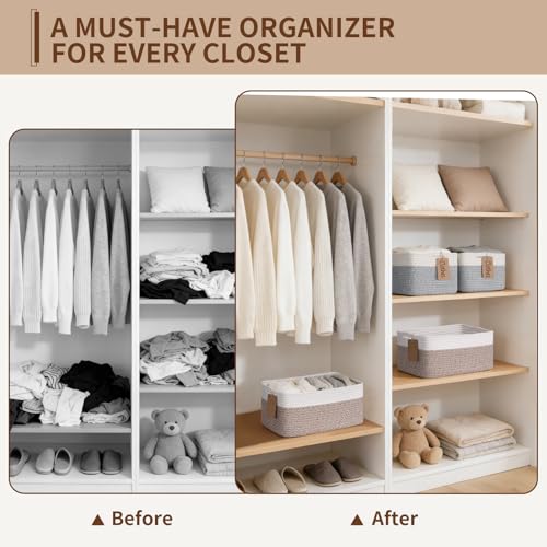 Goodpick 4 Pack Storage Baskets for Shelves, Rectangle Woven Baskets for Organizing, Decorative Closet Bins with Handles, Shelf Basket for Baby Toy Storage, 13''L x 8''W x 6''H, Gray & White - color: Grey & White